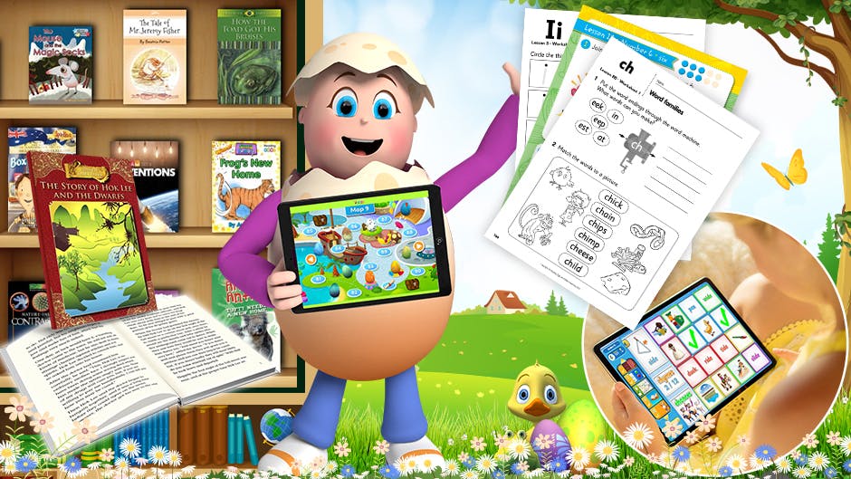 Some of the supplementary resources for homeschooling that come with Reading Eggs