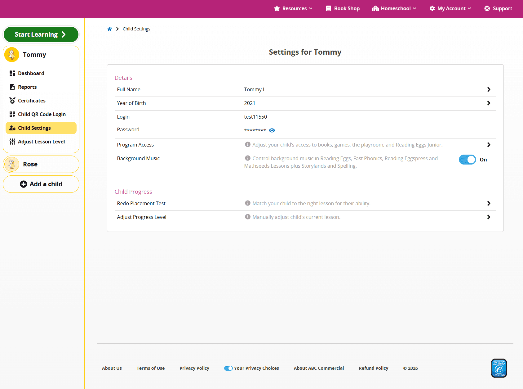 Screenshot of the Reading Eggs Family Dashboard. Each child's profile has a login and their access settings can be customized.