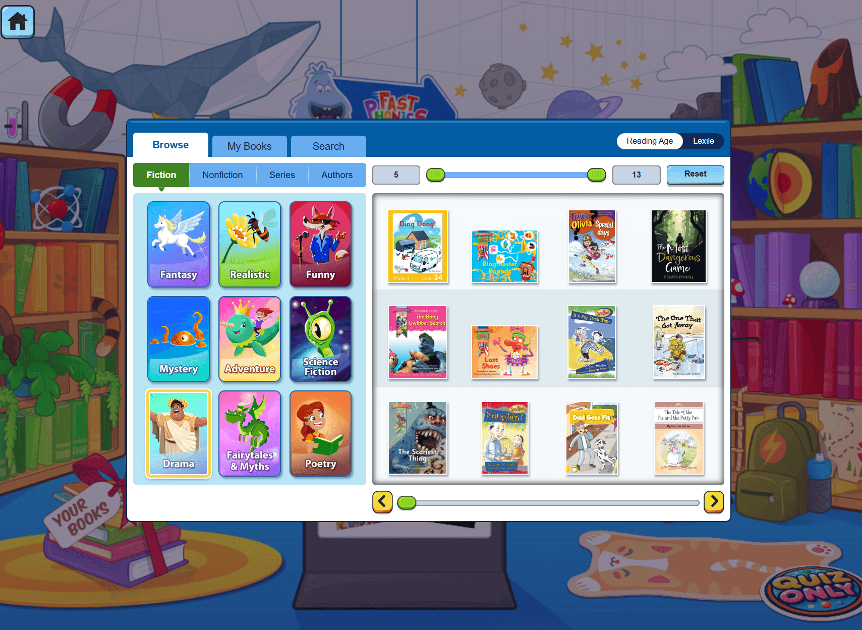 Screenshot of the Reading Eggs Library interface demonstrating the numerous ways to filter and search for books