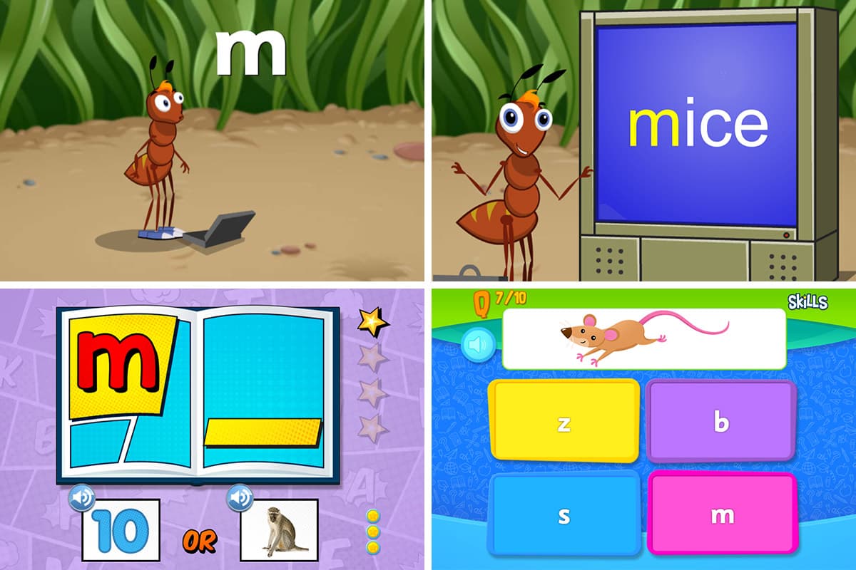 Screenshots of phonics lessons in Reading Eggs