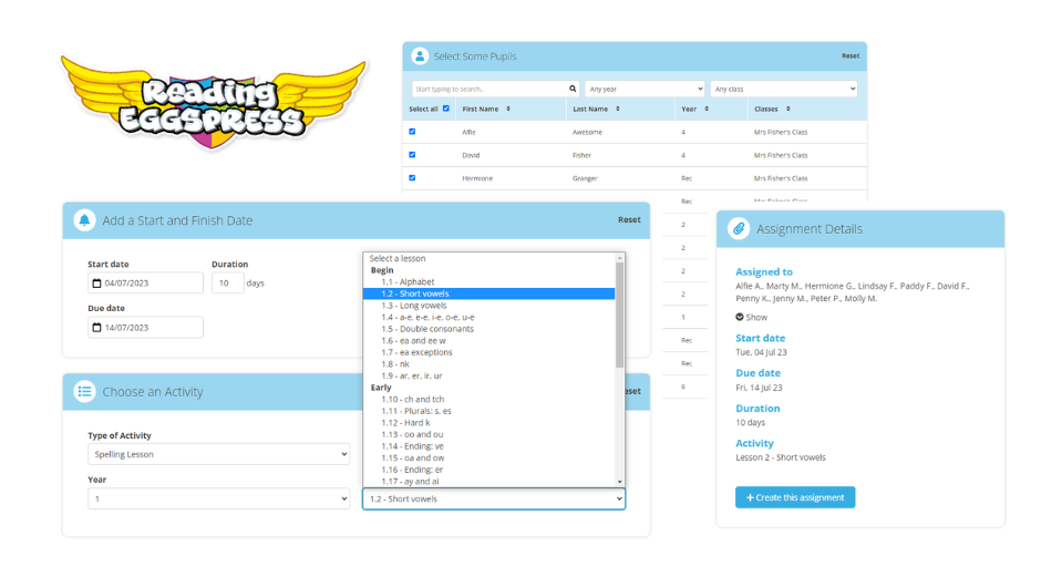 Assign spelling lessons in Reading Eggspress